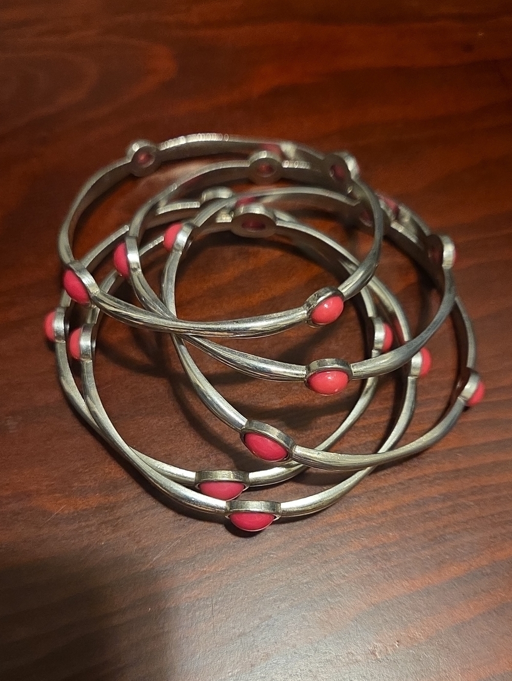 Stackable Silver-Tone Bangles with Coral Pink Cabochons